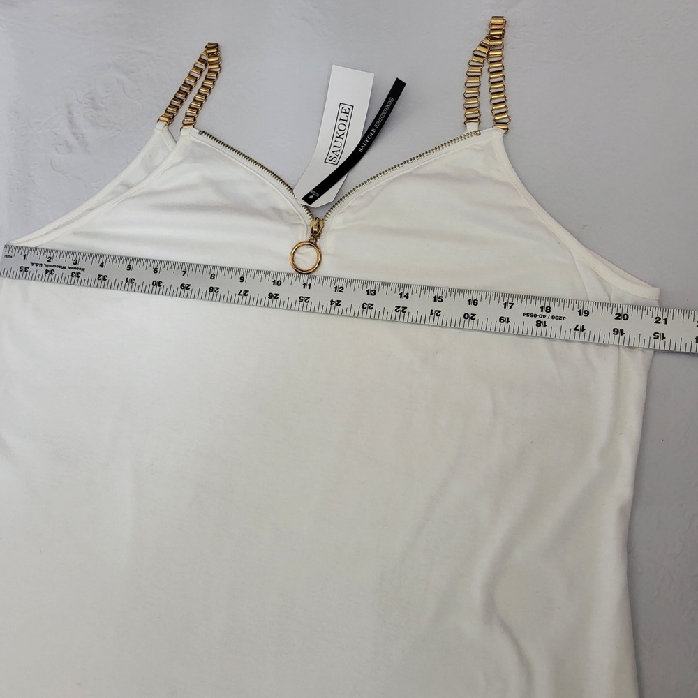 White Chain Strap V Neck Zip Front Camisole Tank Top Women XL Glam Chic Party - Picture 6 of 9